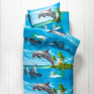 Blancheporte Detská posteľná bielizeň Flipper, polycoton, potlač s delfínmi modrá obliečka na vank. 65x65cm