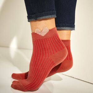 Blancheporte Súprava 3 párov vrúbkovaných nízkych ponožiek s trblietavým 3D motívom srdiečka terakota/ražná 35/38
