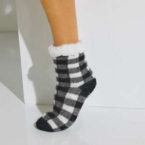 Blancheporte Papučové ponožky s kožušinovou imitáciou a kockovaným dizajnom čierna/biela 36/37