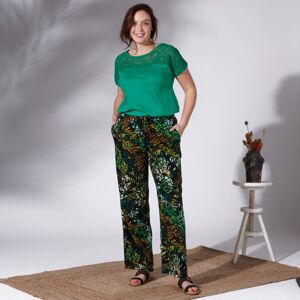 Blancheporte Široké nohavice s potlačou listov čierna/smaragdová 40